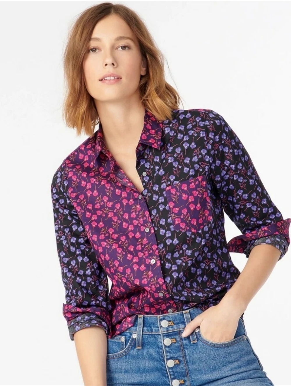 Liberty x J.Crew Mixed Floral Button-Up Shirt in Fuchsia & Purple S
